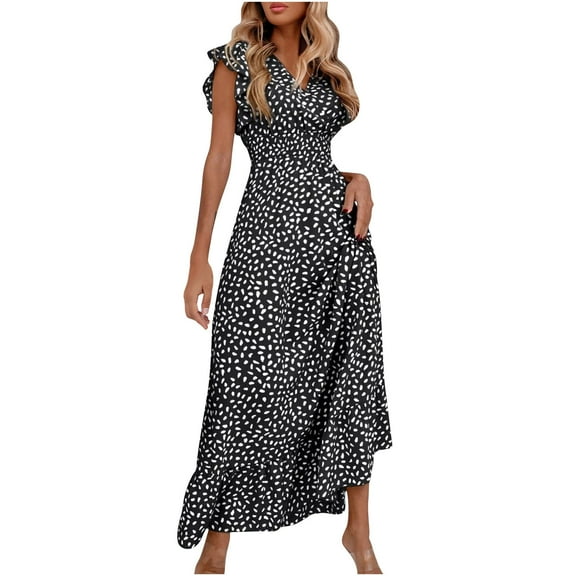 XUNKUSGA Dresses for Women 2025 Elegant Classy Floral Maxi Sundress V-Neck Ruffle Sleeve Tummy Control Wedding Guest Dresses for women