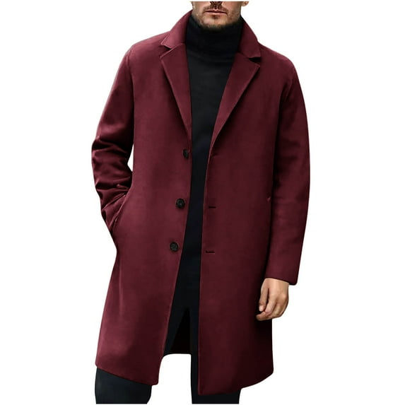 XUNKUSGA Fall Coats Single Breasted Mid Long Trench Coat Solid Color Slim Fit Notched Collar Pea Coats for Men with Pockets Casual Business Jackets for Men XS-XL Red