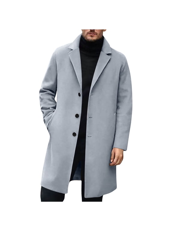 Fall Coats Single Breasted Mid Long Trench Coat Solid Color Slim Fit Notched Collar Pea Coats for Men with Pockets Casual Business Jackets for Men XS-XL Gray
