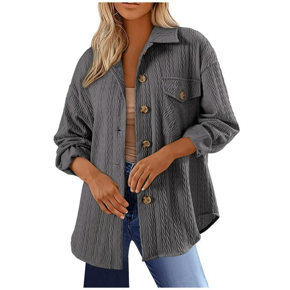XUNKUSGA Fall Jackets Casual Long Sleeve Shackets for Women Fashion Cable Knit Fall Clothes Loose Button Down Shirts Collared Lightweight Jackets Solid Color Outwear with Pockets S-2XL Gray