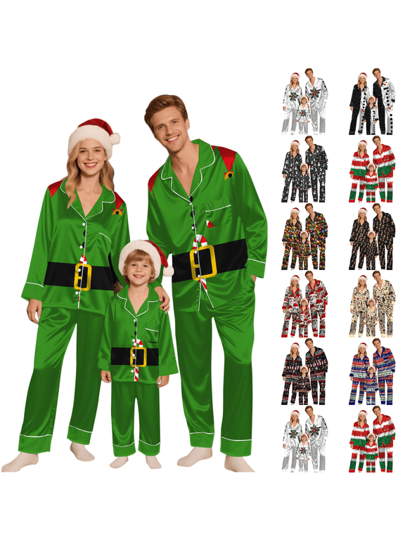Family Matching Christmas Pajamas Set Casual Satin Silk Holiday Print Family Pajamas Soft Long Sleeve Button Down Xmas Pjs Sets for Family,Size Father:L