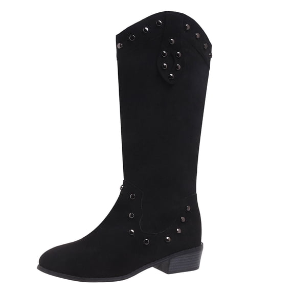 XUNKUSGA Faux Sued Cowboy Boots for Women Fashion Studded Rivet Retro Mid Calf Cowgirl Boots Classic Pointed Toe Low Heel Western Boots with Zipper,9