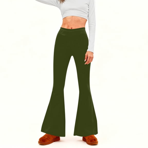 XUNKUSGA Flare Pants for Women Casual Stretchy Wide Leg High Waist Bell Bottom Yoga Pants Soild Color Tummy Control Trousers Pants for Women Lightweight Soft Yoga Pants Women S-2XL Green
