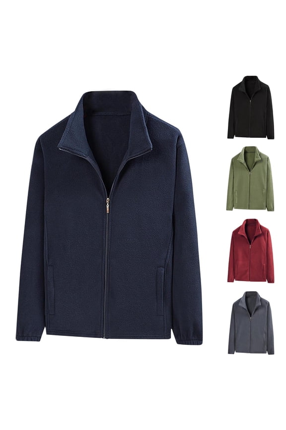 Fleece Jacket Men Solid Full Zip Outerwear Coat with Pockets Lightweight Warm Soft Mens Jacket Windproof Long Sleeve Stand Up Collar Polar Jackets for Men M-5XL Black