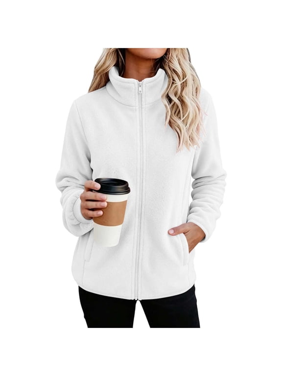 Fleece Jacket Women Lightweight Full Zip Up Jackets for Women with Pockets Soft Polar Warm Long Sleeve Stand Collar Womens Winter Coats Fashion Winter Fall Outerwear White M