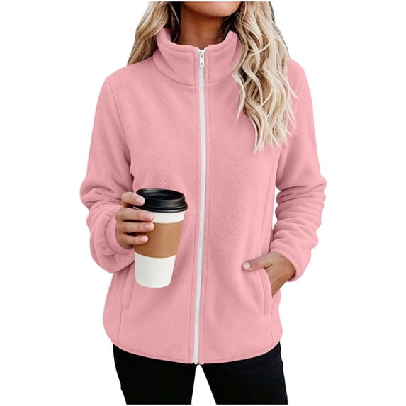 XUNKUSGA Fleece Jacket Women Lightweight Full Zip Up Jackets for Women with Pockets Soft Polar Warm Long Sleeve Stand Collar Womens Winter Coats Fashion Winter Fall Outerwear Pink M