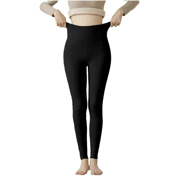 XUNKUSGA Fleece Lined Leggings Women Empire Waist Tummy Compression Womens Leggings Warm Solid Color Thick Leggings Pants Stretchy High Waisted Tights for Women M-2XL Black