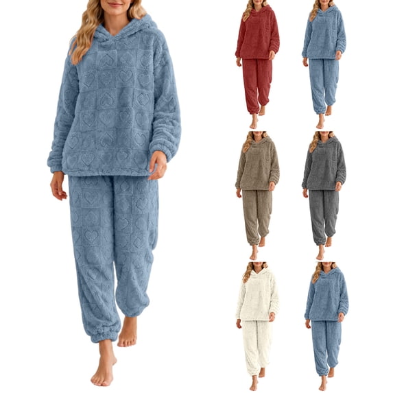 XUNKUSGA Fleece Pajama Sets for Women 2 Piece Winter Warm Long Sleeve Hooded Top Elastic Cuff Jogger Pants Womens Pajama Sets Cozy Winter Loungewear Matching Set Blue Free Size
