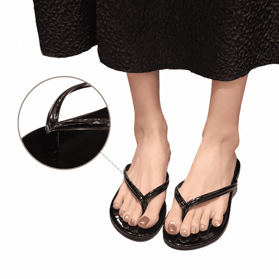 XUNKUSGA Flip Flops for Women Summer Beach Leather Flat Thong Sandals for Women Lightweight Durable Non-Slip Essentials Slides for Women,Black,5.5