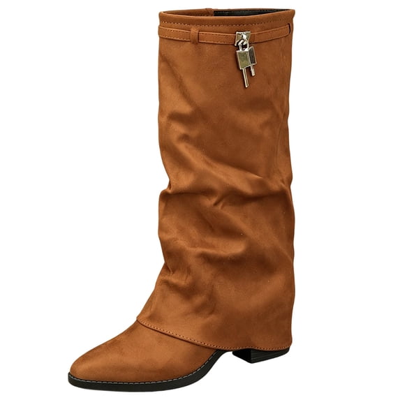 XUNKUSGA Fold Over Boots for Women Fashion Faux Suede Pointed Toe Block Heel Mid Calf Boots Classic Solid Color Pull On Wide Calf Boots with Metal Lock,8.5