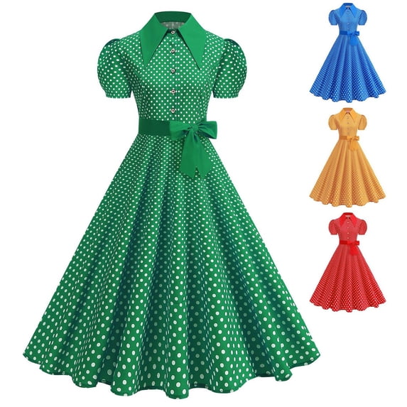 XUNKUSGA Formal Dresses for Women Vintage Stand Collar Short Sleeve Cocktail Dress Fashion Polka Dot Midi Dress with Belted Classic A Line Dresses for Party,Yellow,S