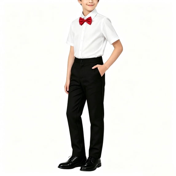 XUNKUSGA Formal Set for Boys Casual Comfortable Cotton Short Sleeve Dress Shirt Long Pants 2 Piece Suit Set with Bow Tie Classic Boys Formal Outfit for Wedding,Graduation,School,7 Years