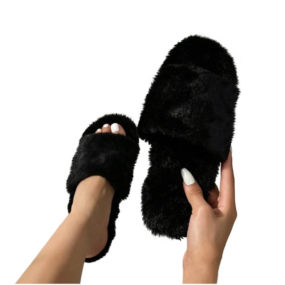 XUNKUSGA Fuzzy Slippers for Women Cozy Fluffy Open Toe House Slippers with Memory Foam Lightweight Soft Solid Color Non Slip Women Slippers for Indoor Outdoor Black 10