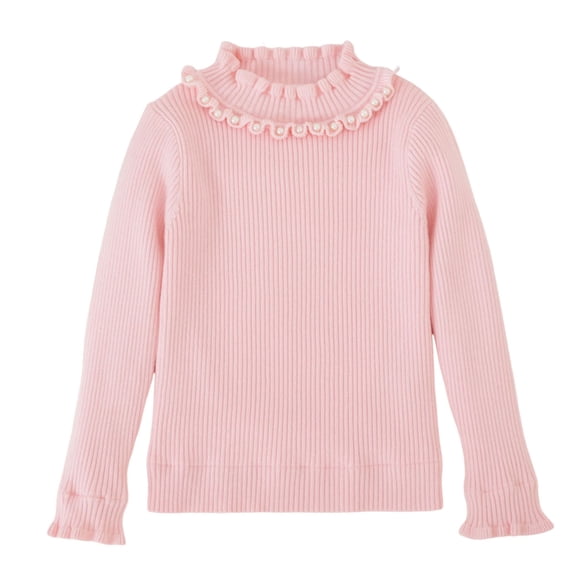 XUNKUSGA Girl Sweater 2-13 Years Slim Fit Ruffle Pearl High Neck Girls Fall Sweater Ribbed Knit Pullover Top Casual Soft Base Solid Color Sweater for Girls Pink