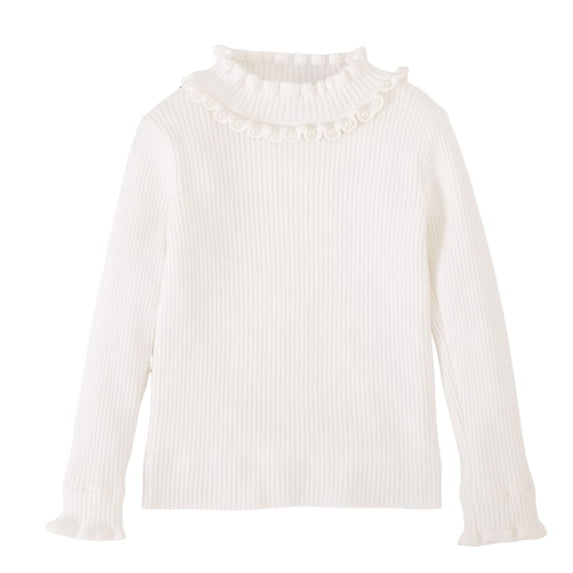 XUNKUSGA Girl Sweater 2-13 Years Slim Fit Ruffle Pearl High Neck Girls Fall Sweater Ribbed Knit Pullover Top Casual Soft Base Solid Color Sweater for Girls White