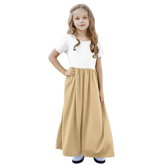 XUNKUSGA Girl's Maxi Dress Color Block Short Sleeve Crew Neck Dresses with Pockets Flowy Tiered Casual Dress for Girls 4-13 Years
