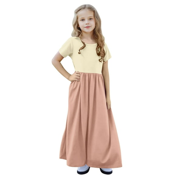 XUNKUSGA Girl's Maxi Dress Color Block Short Sleeve Crew Neck Dresses with Pockets Flowy Tiered Casual Dress for Girls 4-13 Years