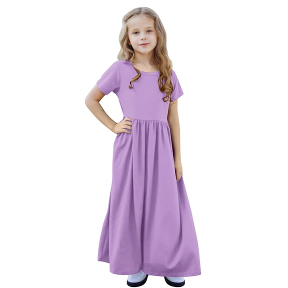 XUNKUSGA Girl's Summer Dresses Short Sleeve Solid Color Beach Sundress Loose Casual Pleated Maxi Dress with Pockets 4-13 Years