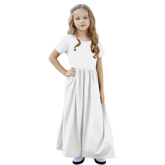 XUNKUSGA Girl's Summer Dresses Short Sleeve Solid Color Beach Sundress Loose Casual Pleated Maxi Dress with Pockets 4-13 Years