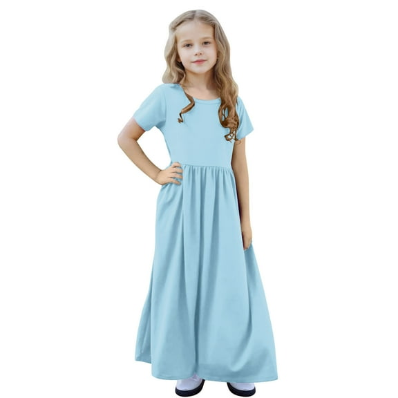 XUNKUSGA Girl's Summer Dresses Short Sleeve Solid Color Beach Sundress Loose Casual Pleated Maxi Dress with Pockets 4-13 Years