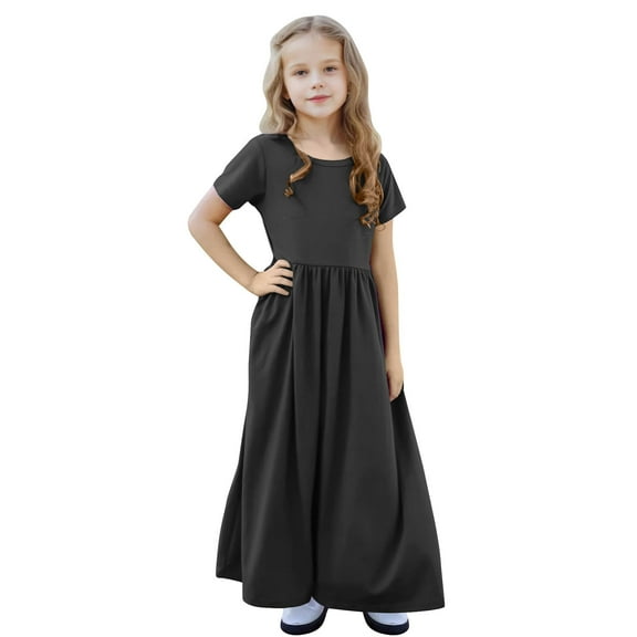 XUNKUSGA Girl's Summer Dresses Short Sleeve Solid Color Beach Sundress Loose Casual Pleated Maxi Dress with Pockets 4-13 Years