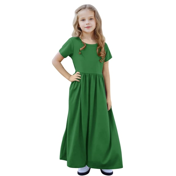 XUNKUSGA Girl's Summer Dresses Short Sleeve Solid Color Beach Sundress Loose Casual Pleated Maxi Dress with Pockets 4-13 Years