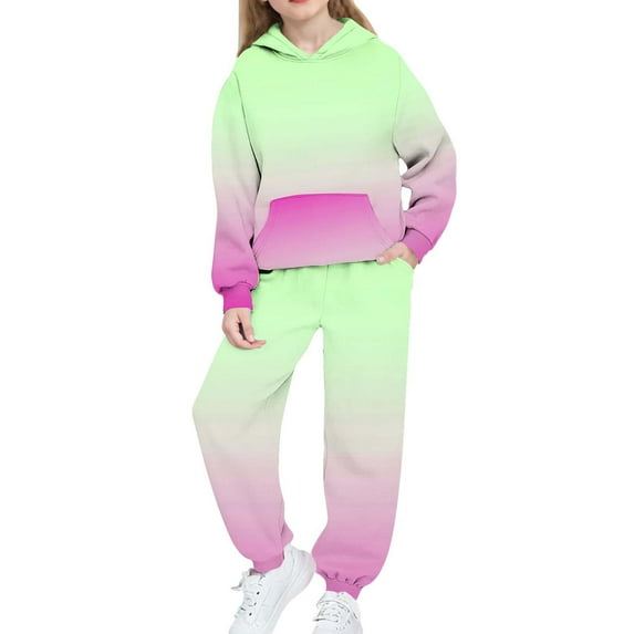 XUNKUSGA Girls 2 Piece Outfits 4-15 Years Fashion Sweatsuits Sets Drop Shoulder Athletic Hooded Sweatshirts and Sweatpants with Pockets Comfy Warm Girls' Clothing Sets Green