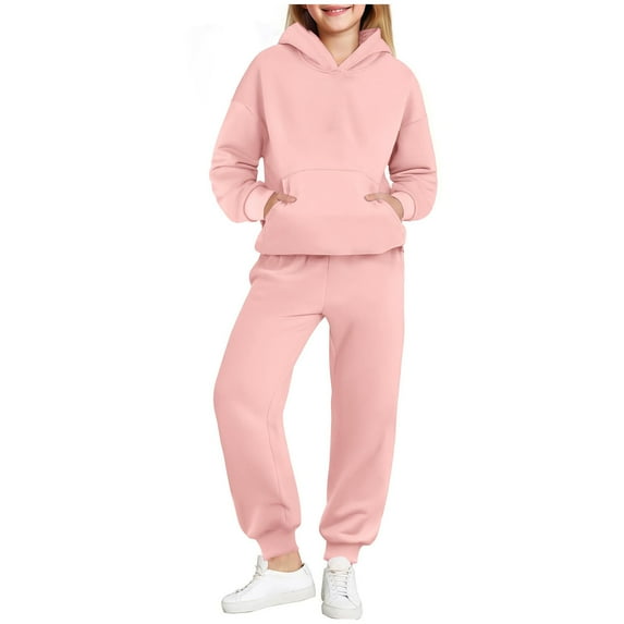 XUNKUSGA Girls 2 Piece Outfits 4-15 Years Fashion Sweatsuits Sets Drop Shoulder Athletic Hooded Sweatshirts and Sweatpants with Pockets Comfy Warm Girls' Clothing Sets Pink