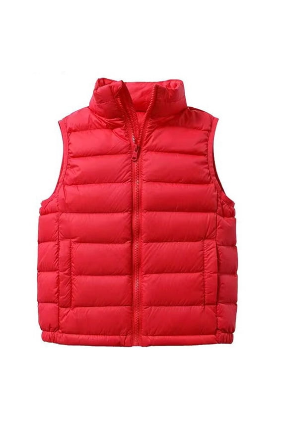 Girls Boys Down Vest 3-15 Years Puffy Stand-Up Collar Light Sleeveless Kid Jacket Solid Color Zipper Comfortable Smooth Puffer Vest Girls with Pocket Red
