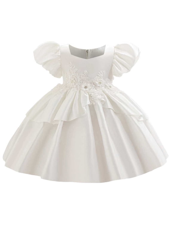 Girls Dresses 1-4 Years Embroidery High Waist Kids Dresses Cute Square Neck Puff Sleeve Princess Dress Wedding Birthday Pageant Baby Girl Dress