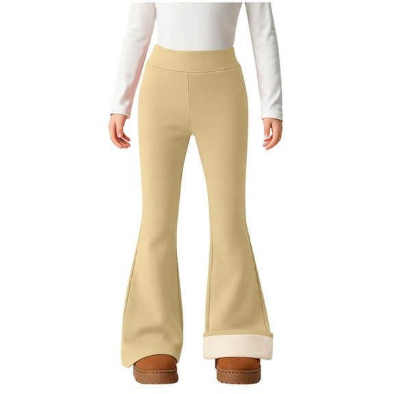 XUNKUSGA Girls Flare Pants 4-15 Years Warm Fleece Lined Bootcut Leggings High Waisted Full Length Bell Bottoms for Girls Winter Thickened Solid Color Thermal Outdoor Beige