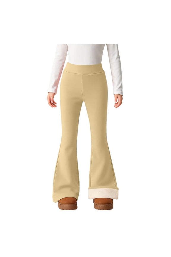 Girls Flare Pants 4-15 Years Warm Fleece Lined Bootcut Leggings High Waisted Full Length Bell Bottoms for Girls Winter Thickened Solid Color Thermal Outdoor Beige
