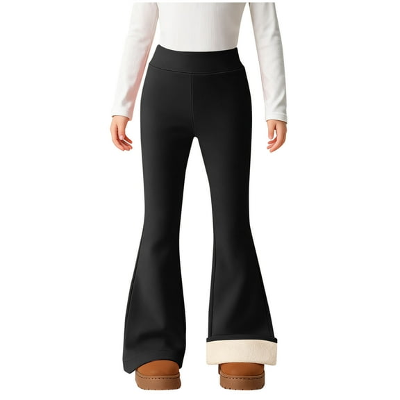XUNKUSGA Girls Flare Pants 4-15 Years Warm Fleece Lined Bootcut Leggings High Waisted Full Length Bell Bottoms for Girls Winter Thickened Solid Color Thermal Outdoor Black