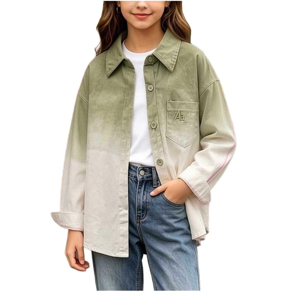 XUNKUSGA Girls Gradient Shirts Lightweight Loose Button Down Shirts for Girls Casual Collared Long Sleeve Shirts Jacket with Pocket for School Daily Streetwear 5-15Y