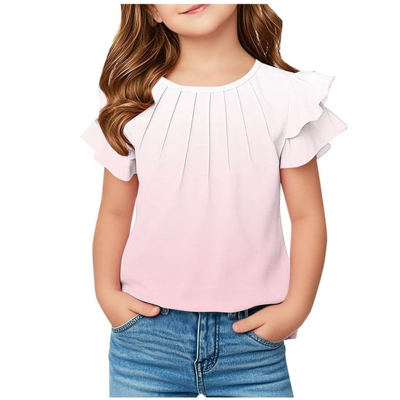 XUNKUSGA Girls Oversized T Shirts Ruffle Short Sleeve Round Neck Plus Size Tops Tie Dye Loose Fit Blouse Summer Casual Girl Tee Tops for 5-11 Years