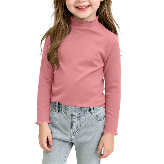XUNKUSGA Girls Shirts Cute Mock Neck Lettuce Trim Long Sleeve Shirts Soft Ribbed Knit Slim Fit Base Layer Classic Solid Color Pullover Tops for Girls