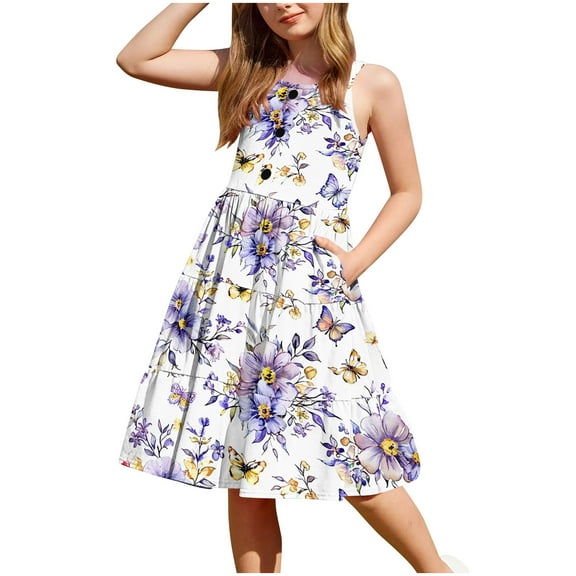 XUNKUSGA Girls Summer Dresses Casual Floral Boho Square Neck Midi Dress Spaghetti Straps Floral Tiered Sundress Smocked Shirred Party Dress 2-12 Years