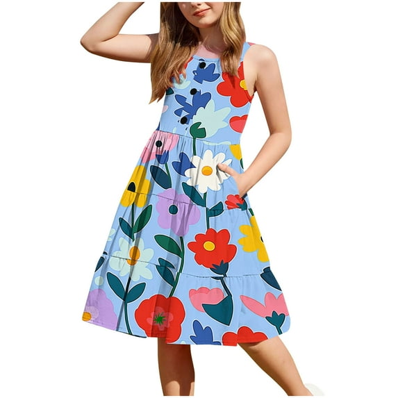 XUNKUSGA Girls Summer Dresses Casual Floral Boho Square Neck Midi Dress Spaghetti Straps Floral Tiered Sundress Smocked Shirred Party Dress 2-12 Years