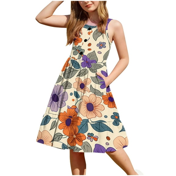 XUNKUSGA Girls Summer Dresses Casual Floral Boho Square Neck Midi Dress Spaghetti Straps Floral Tiered Sundress Smocked Shirred Party Dress 2-12 Years