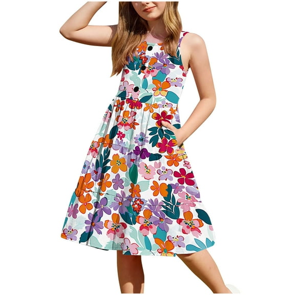 XUNKUSGA Girls Summer Dresses Casual Floral Boho Square Neck Midi Dress Spaghetti Straps Floral Tiered Sundress Smocked Shirred Party Dress 2-12 Years