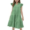 thumbnail image 1 of XUNKUSGA Girls Summer Dresses Tiered Crinkle Flowy Ruffle Sleeve Swing Midi Beach Sundress Casual Solid Color A-Line Swing V Neck Dress Size 4-15 Years, 1 of 8