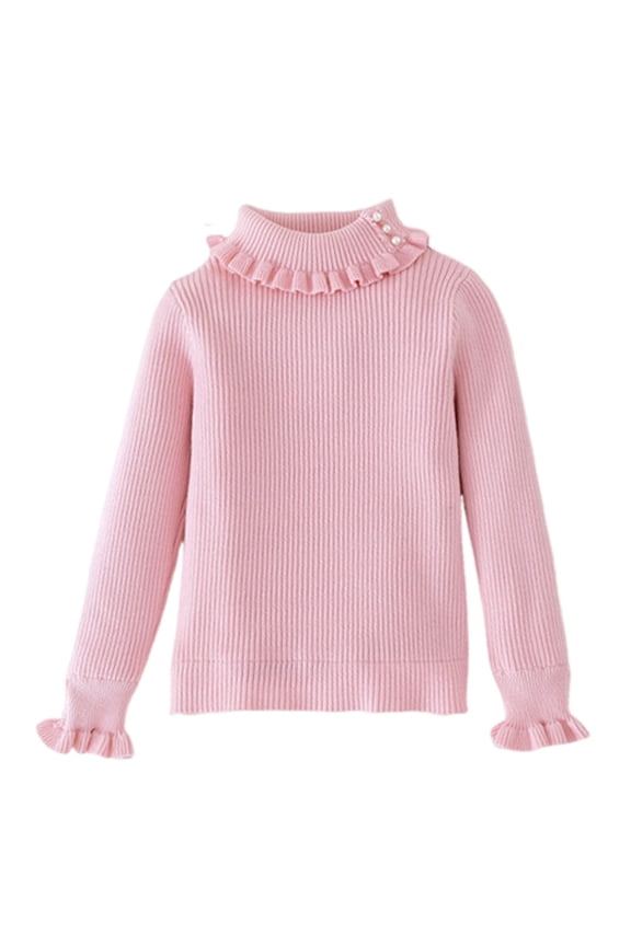 Girls' Sweaters 2-13 Years Cute Ruffle Pearl Turtleneck Girls Fall Sweaters Long Sleeve Ribbed Knit Pullovers Tops Slim Fit Solid Color Knitted Sweaters Girls Pink