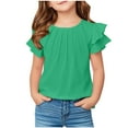 thumbnail image 1 of XUNKUSGA Girls T Shirts Ruffle Short Sleeve Round Neck Tops Casual Loose Blouse Summer Solid Color Casual Girl Tee Tops for 5-12 Years, 1 of 7