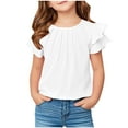thumbnail image 1 of XUNKUSGA Girls T Shirts Ruffle Short Sleeve Round Neck Tops Casual Loose Blouse Summer Solid Color Casual Girl Tee Tops for 5-12 Years, 1 of 7
