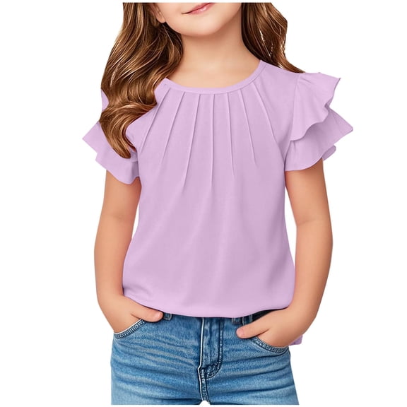 XUNKUSGA Girls T Shirts Ruffle Short Sleeve Round Neck Tops Casual Loose Blouse Summer Solid Color Casual Girl Tee Tops for 5-12 Years