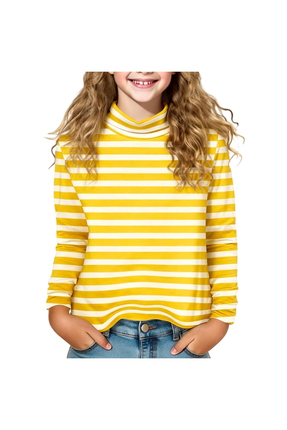 Girls Tops 2-15Y Casual Mock Neck Long Sleeve Cute Tops for Girls Fashion Striped Undershirt for Girls Classic Soft Basic Tees Loose Stretchy Comfortable Pullover Tops Yellow
