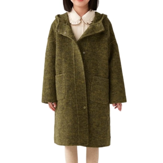 XUNKUSGA Girls Trench Coat With Hood 5-14 Years Fashion Single Breasted Long Cardigans for Girl Warm Fall Winter Wool Coat Button Down Loose Fit Winter Coats for Girl Green