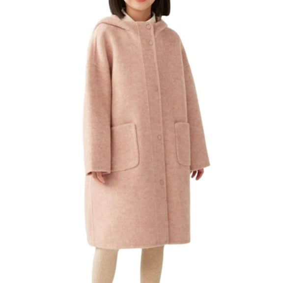 XUNKUSGA Girls Trench Coat With Hood 5-14 Years Fashion Single Breasted Long Cardigans for Girl Warm Fall Winter Wool Coat Button Down Loose Fit Winter Coats for Girl Pink