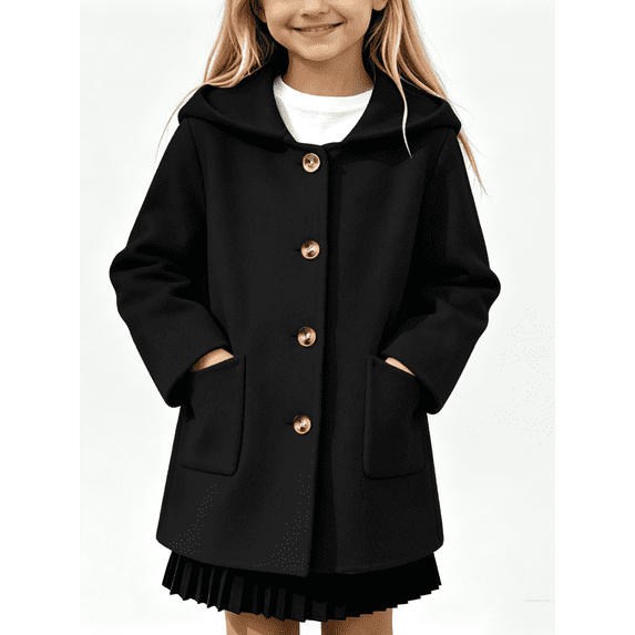 XUNKUSGA Girls Trench Coat with Hood 5-15 Years Fashion Single Breasted Long Cardigans for Girl Warm Fall Winter Wool Coat Button Down Loose Fit Winter Coats for Girl