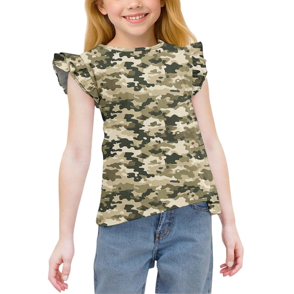 XUNKUSGA Girls Tshirts 3-14 Years Casual Lightweight Summer Blouse for Girls Cute Ditsy Floral Print Baby Girl Clothes Fashion Short Sleeve Ruffle Trim Crewneck Girls Tops Green